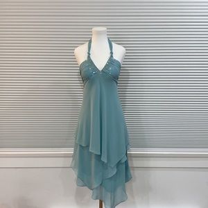 BCBG Maxazria Silk Chiffon Asymmetric Halter Dress